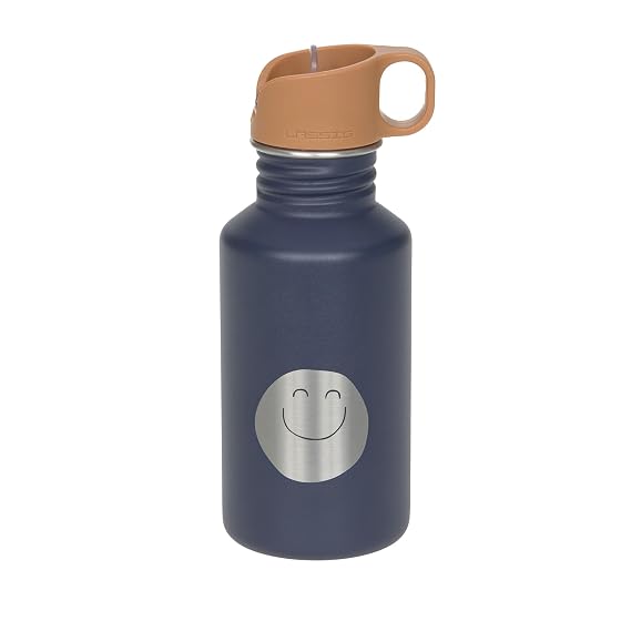 LASSIG Little Gang Smile Stainless Steel Water Bottle, BPA-Free, 500 ml, Children's Nursery, Leak-Proof with Sports Drinking Cap, Stainless Steel, Navy