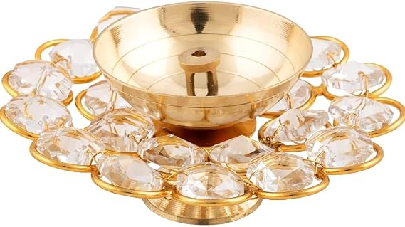 Compact Brass Crystal Oil Akhand Diya Lamp for Diwali Decoration & Pooja Traditional Indian Oil Lamp for Festivals Home Decor & Gifting - Pack of 1 (Size: 9x4 cm) Ideal for Puja Room & Celebrations