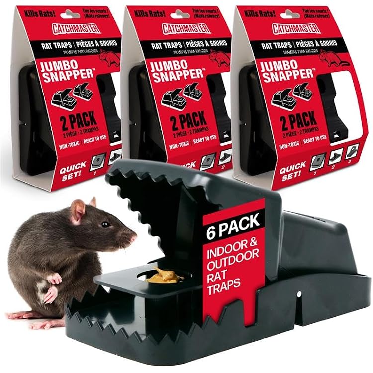 Catchmaster Snapper Jumbo Rat Trap 6-Pk, Rat Traps Indoor for Home, Reusable Rodent Killer for House, Indoor & Outdoor Rodent Bait Station, Eco-Friendly Pest Control for Garage, Basement, Kitchen