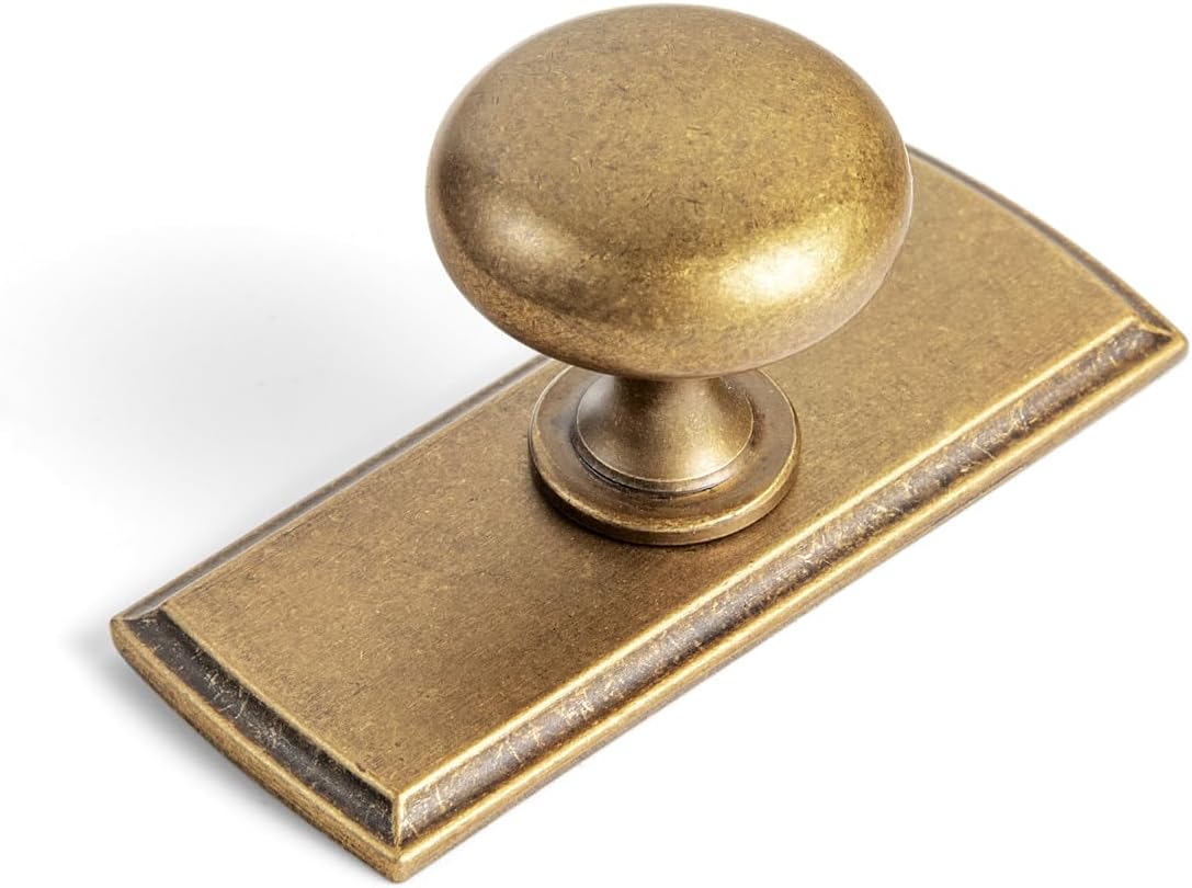 Goo-Ki Antique Brass Zinc Alloy Cabinet Knob with Backplate - Single Hole Center Cabinet Pull Hardware for Bedroom, Kitchen, 6 Pack（8611-G011
