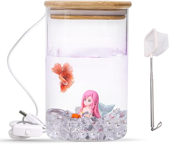 Mini Betta Fish Tank with LED Light, USB Powered, Decorative Aquarium for Small Fish Species Betta, Guppies, Tetras Great for Home and Office