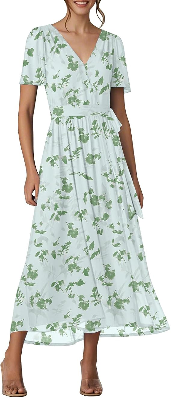 Maxi Dresses for Women 2025 Summer Floral V Neck Long Dresses Trendy Short Sleeve Wrap Dress Chiffon Beach Dress