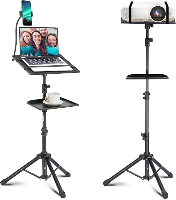 Lusweimi Projector Tripod Stand, 50 Laptop Stand with 2 Shelves for Projector, iPad, DJ Equipment, Portable Adjustable Floor Stand with Gooseneck Phone Holder for Office, Home, Stage or Studio
