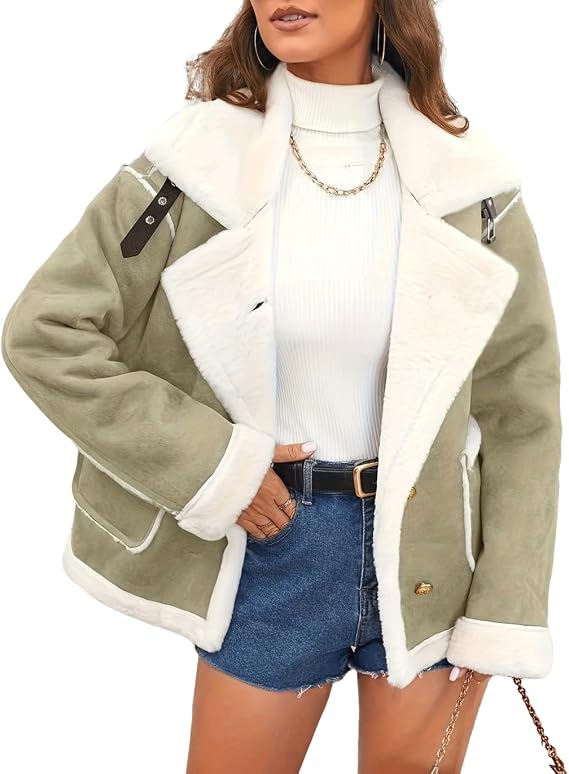 INVACHI Women's Faux Suede Jacket Fur Lined Sherpa Jacket Notch Lapel Button Down Winter Coat with Pockets