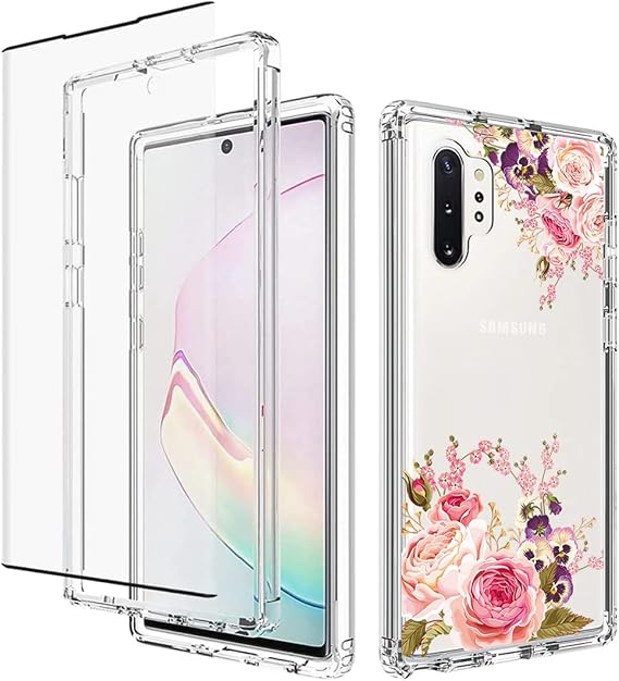 Case for Galaxy Note 10 Plu/Note 10+ 5G SM-N975U Case with Tempered Glass Screen Protector, Full Body Floral Design Protection Hard Shell+TPU Cover for Samsung Galaxy Note 10 Plus (Rose flower)