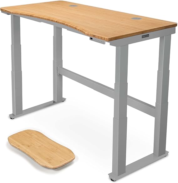UPLIFT DESK Bamboo Curve (60 x 30 inch) Electric Standing Desk V2-Commercial (Gray) 4-Leg Adjustable Stand Up Desk, Advanced Keypad, Wire Grommets, Wire Management Tray, Bamboo Rocker-X Board