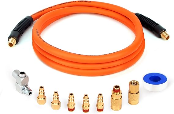 38 Inch x 10 ft Hybrid Whip Air Compressor Hose Kit, 10 Pieces Lead in Air Hose Accessories kit, 14 NPT Air Coupler and Plug, Industrial Solid Brass Quick Connect, 360 Swivel Connector