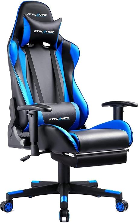 GTRACING Gaming Chair, Office Chair, Desk Chair, Game Chair, Reclining, Computer Chair, High Back, Headrest, Lumbar Support, Armrests, Height Adjustment, PU Leather, Ottoman Included, Blue