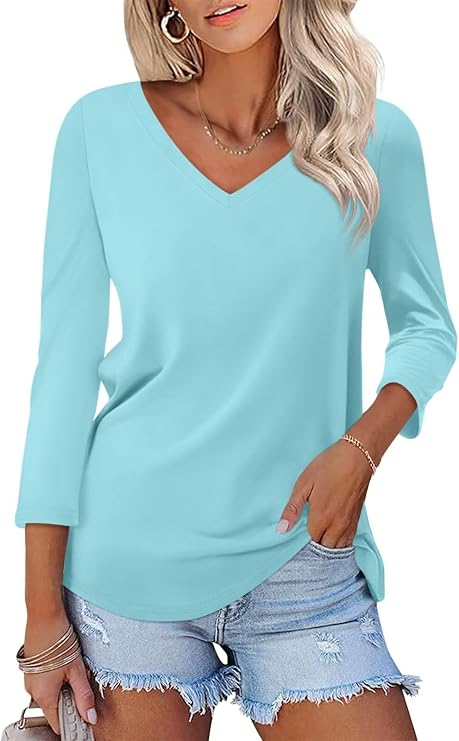 ORANDESIGNE Women's 3/4 Sleeve V Neck T Shirts Casual Shirts Summer Tees