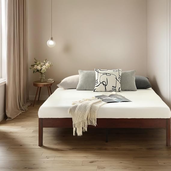 Full Size Platform Bed Frame with Wood-Look Metal Legs, Wooden Bed Frame
