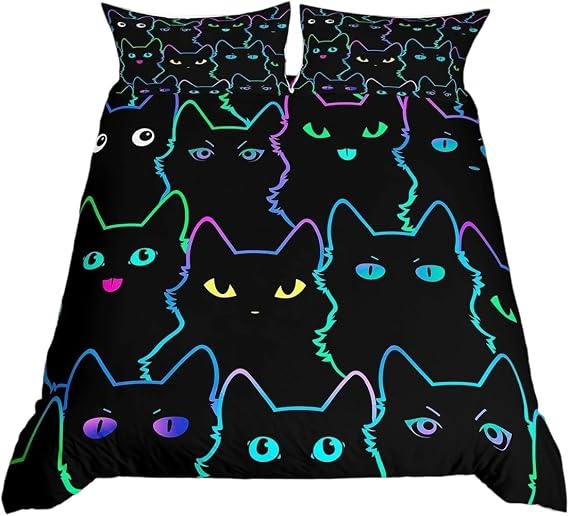 Homewish Black Cat Kids Double Bedding Set, Neon Rainbow Line Cats Print Duvet Cover Set 3 Pieces, Cute Cartoon Kitten Quilt Cover, Kawaii Pet Animals Bed Set