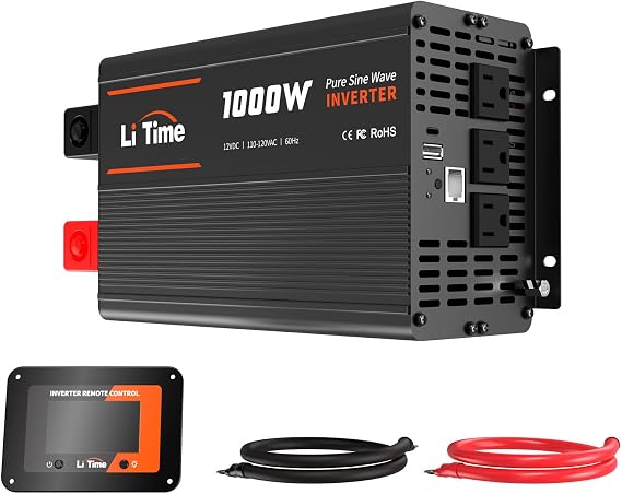 LiTime 1000W Pure Sine Wave Inverter 12V DC to 120V AC Converter for Home, RV, Truck, Camping, Built-in 2 AC Outlets, Off-Grid Solar Power Inverter with LCD Display Showing Real-time Status