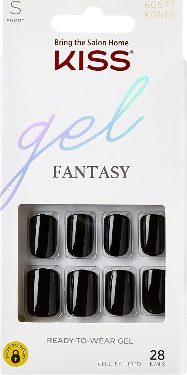 KISS Gel Fantasy, Press On Nails, Nail glue included,#39;Aim High', Black, Short Size, Squoval Shape, Includes 28 Nails, 2g glue, 1 Manicure Stick, 1 Mini File