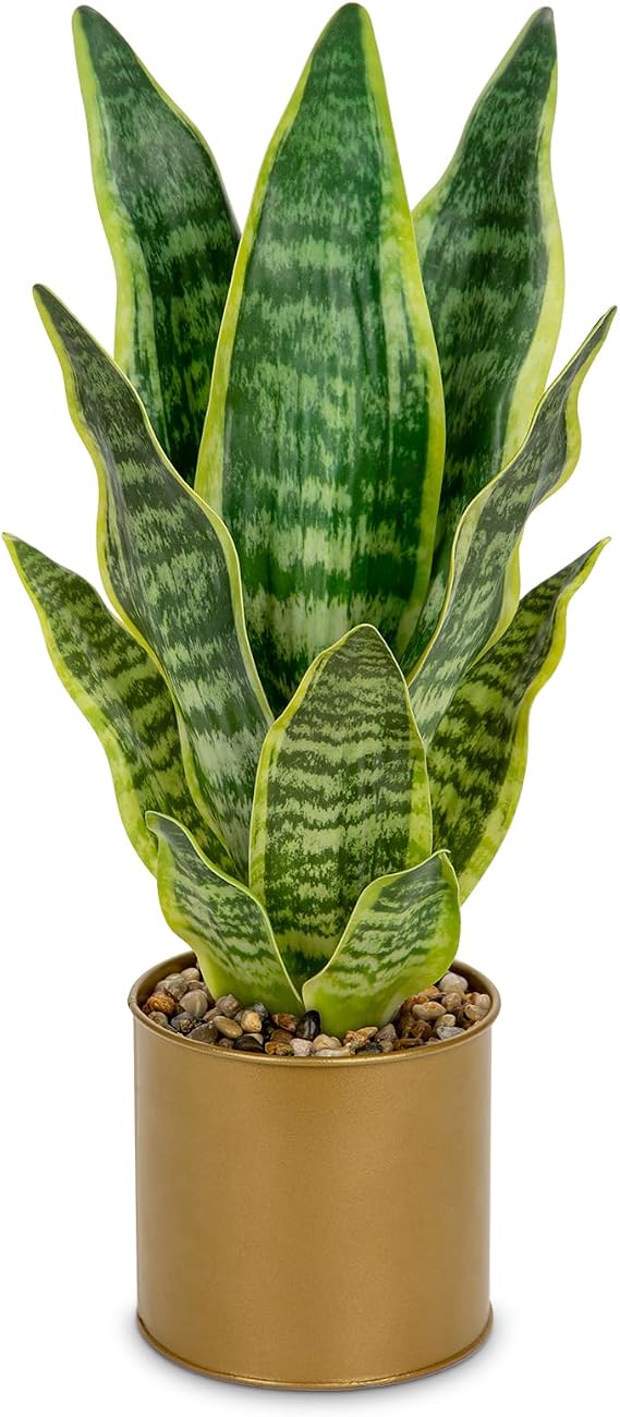 Oairse Artificial Potted Plant, Fake Snake Plant in Gold Pot 17.3 inch Faux Sansevieria Trifasciata Artificial Plants Indoor with Pot for Home Office Living Room Indoor Outdoor Decor