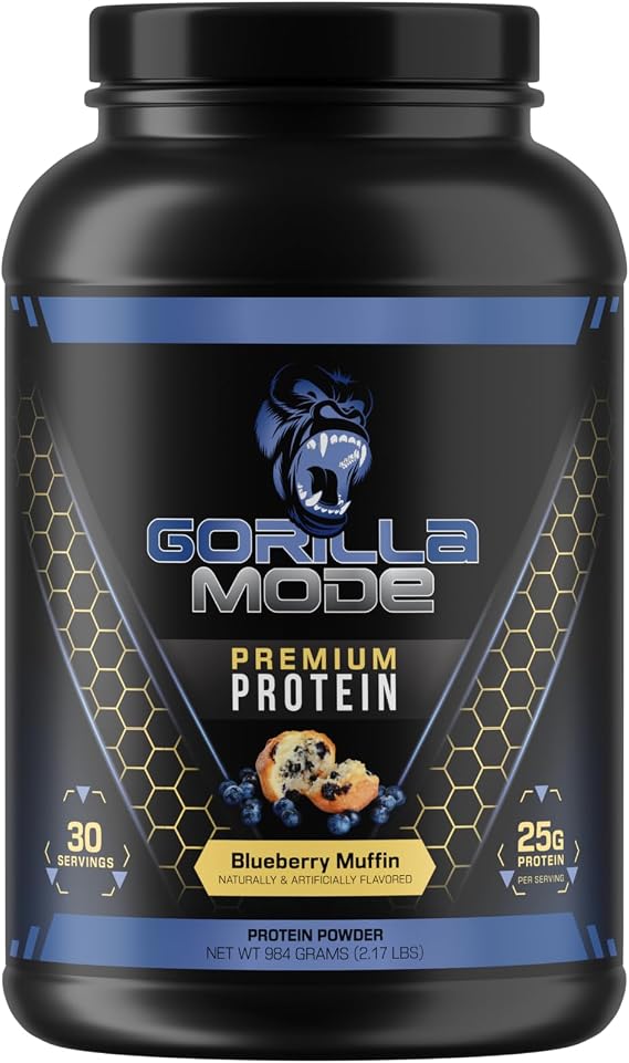 Gorilla Mind Premium Whey Protein - Blueberry Muffin, 25 Grams of Whey Protein Isolate & Concentrate, Recover and Build Muscle (30 Servings)
