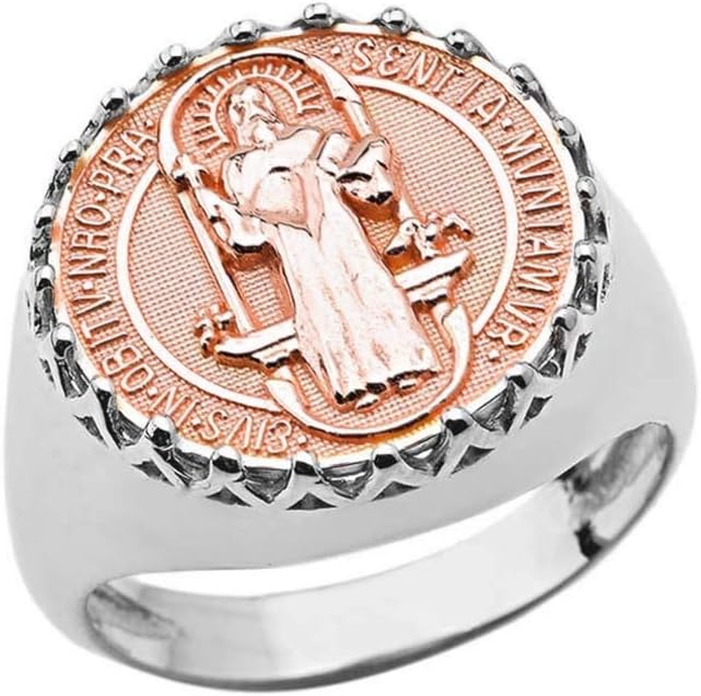 Men's Solid Customized 14k White Gold St. Benedict Medal Ring