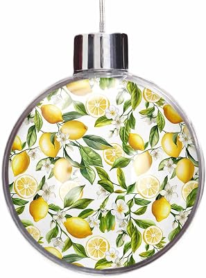 Qiaullityot Christmas Ball Ornaments, Lemon Yellow Christmas Balls Clear Plastic Fillable, Country Watercolor Floral Leaf Green White Hanging Ornament Xmas Tree Balls for Home Party Decorations 3.5
