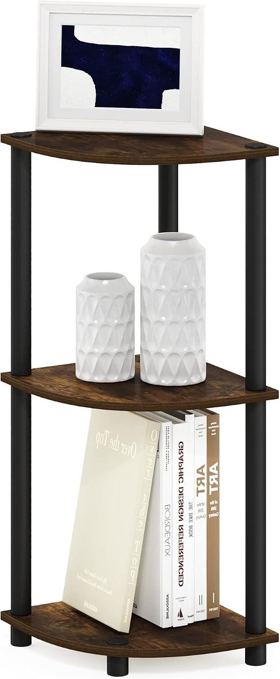 Furinno TURN-N-TUBE Corner Shelf, 3-Tier Corner Bookshelf, Display Storage Shelves with Open Shelves, for Organization and Storage, Living Room, Home Office, Garage, Amber Pine