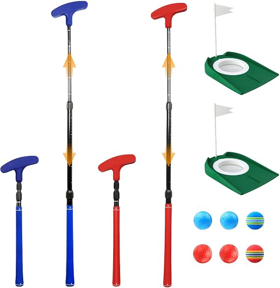 Adjustable Golf Putter, Mini Golf Set - 2 Golf Clubs with 6 Balls & 2 Cup with Flag, Two-Way Putter for Right & Left Handed, Battle Golf for All Heights & Beginners, Indoor & Backyard Mini Golf