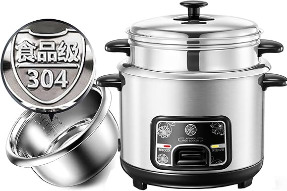 Rice Cookers Small (2-5L) 304 Stainless Steel Cook/Warm Functions, Mini Portable Rice Cooker Stainless Steel Inner Pot with Steamer(2L)