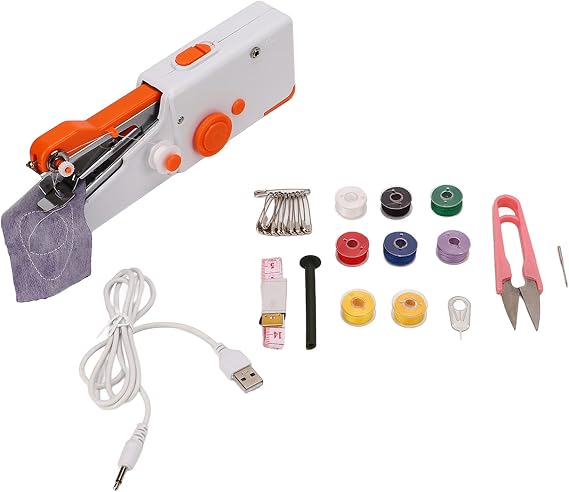 Portable Electric Sewing Machine 110V 50W Mini Size 5x3x2 Inches Handheld DIY Device 300 Stitches Per Minute Ergonomic Handle Reduces Fatigue for Quick Clothing Repairs On-The-Go Mending Beginners