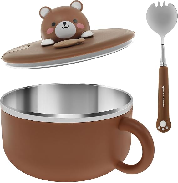 NIHUIFDPY 1200ml Ramen Bowl with Handle and Lid, Sealed Ramen Cooker Bowl with Fork, Insulated Noodle Bowl with Air Holes, Round Noodles Soup Bowl, Salad Box for Office College (Brown)