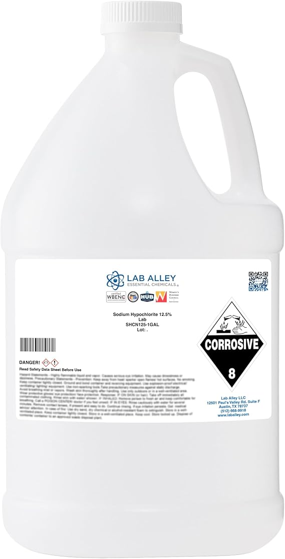 Lab Alley Liquid Chlorine 12.5% Sodium Hypochlorite, for Swimming Pools, Spas & Power Washing, Fast-Acting, Non-Staining, 1 Gallon