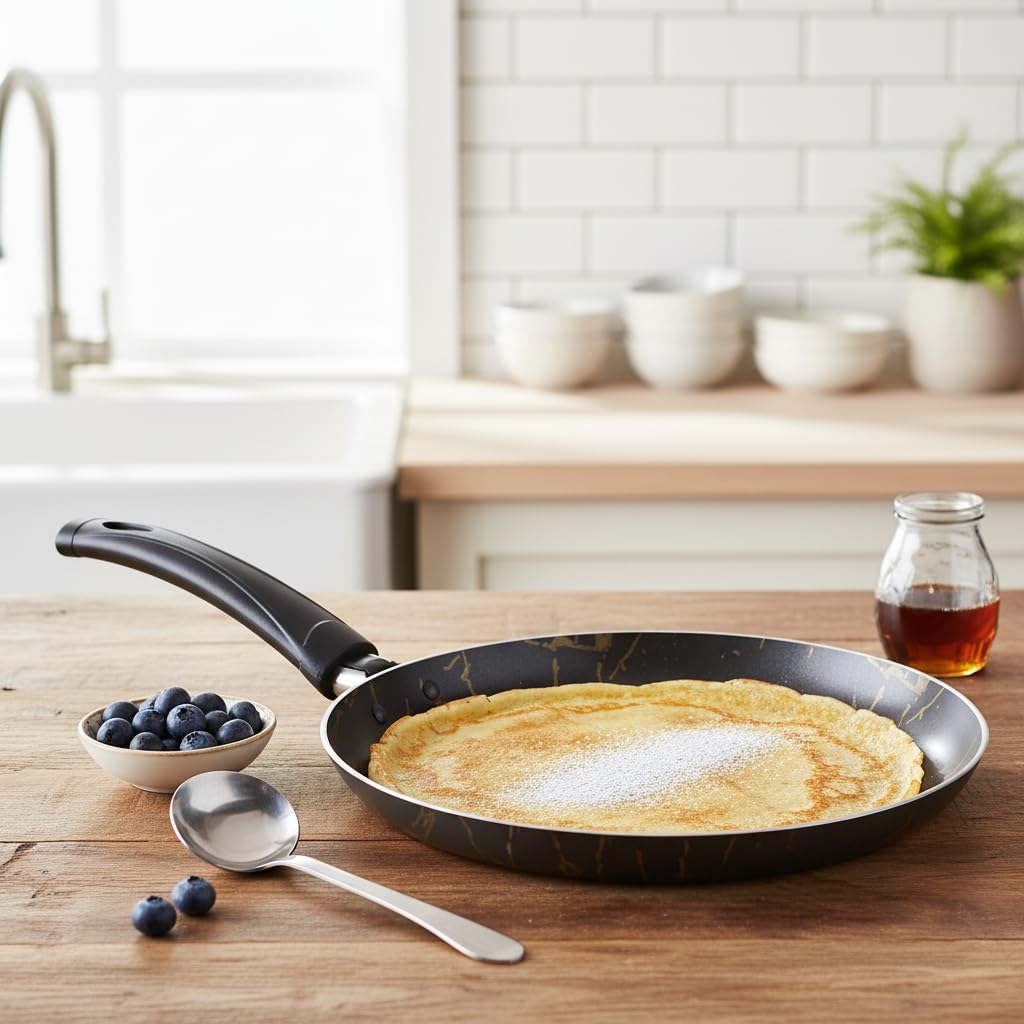Papilla Desert 25 cm Krep Tavası - Siyah Üzeri Gold İzmir Desenli Yanmaz Yapışmaz Pankek ve Akıtma Tavası