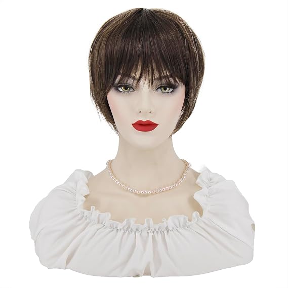 ELIM Short Curly Dark Brwon Wigs for White Women Bob Pixie Cut Wig Heat Resistant Synthetic Full Hair Wigs for Women Daily Party Use with Wig Cap Z310