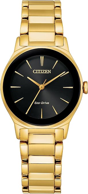 Citizen Ladies Eco-Drive Axiom Moden Eco, Gold-Tone Stainless Steel Bracelet Watch, Black Dial (Model: EM0737-58E)