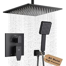 12 Inch Ceiling Mount Shower Faucet Set Matte Black Ceiling Rainfall Shower Head and Handle Set Bathroom Rain Shower System Include Shower Valve and Trim Kit