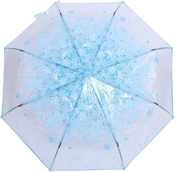 Walfront 1PC Transparent Cherry Clear Folding Umbrella for Women Manual Windproof Rain Umbrella with Alloy Handle for Outdoor Photography Blue