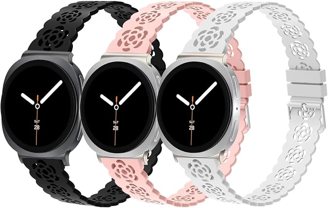 3 Pack Sport Bands Compatible with Samsung Galaxy Watch 8 40mm/44mm/Classic 46mm 2025, Breathable Slim Lace Rose Hollowed-out Silicone Waterproof Wristband Replacement Strap for Galaxy Watch8/Classic Men Women 301B