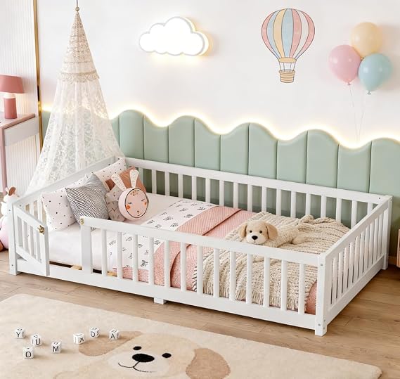 Bellemave Full Size Montessori Floor Bed with Rails, Pine,Montessori Floor Bedwith slats and a Small Door, White