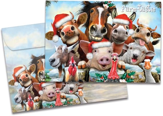 Tree-Free Greetings - Season's Greeting Cards - Artful Designs - 10 Cards + Matching Envelopes - Made in USA - 100% Recycled Paper - 5 x 7 - Farmtastic Holiday (HB93242)
