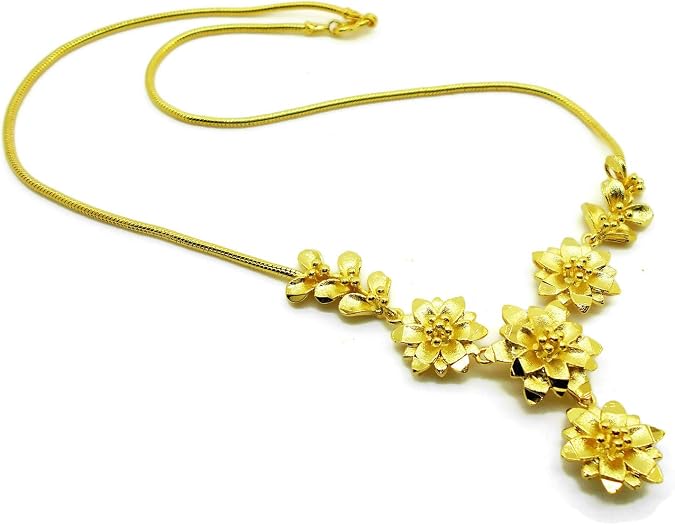 Flower Detail Braid 23k 24k Thai Baht Yellow Gold Plated Filled Necklace Jewelry Women 18" Pendant