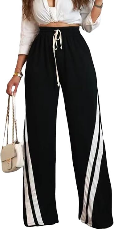 DINGANG Women's Wide Leg Striped Sweatpants Drawstring Track Pant