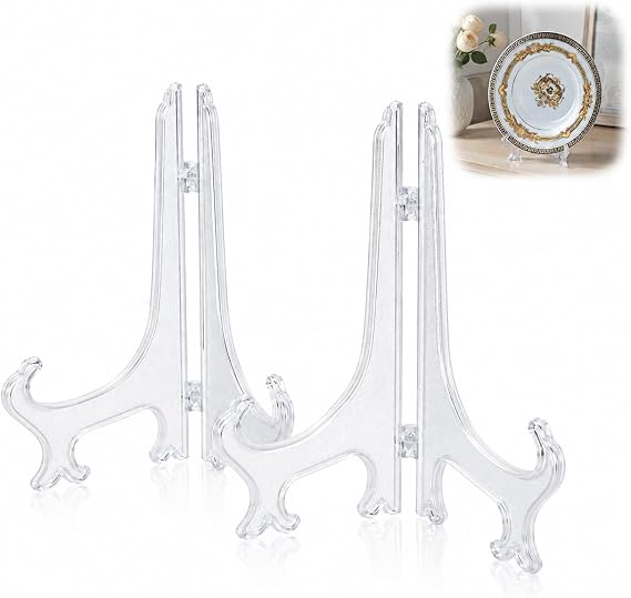 Plate Display Stands - Folding Easels for Table Décor - 2PCS Clear 15.5cm | Clear Plastic Easels with Hinged Fold-Flat Design - For Plates, Frames, Photos and Collectibles on Tables and Shelves