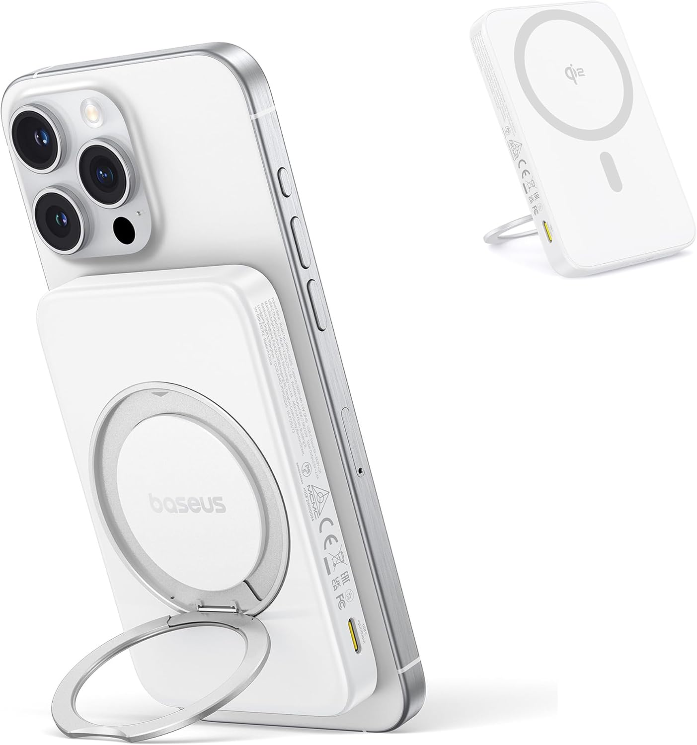 Baseus Qi2 MagSafe Power Bank, Ultra-Slim PicoGo 15W Ultra-Fast Wireless Portable Charger with 360° Rotatable Ring Stand, 5000mAh Magnetic Battery Pack for iPhone 1615141312 Series White