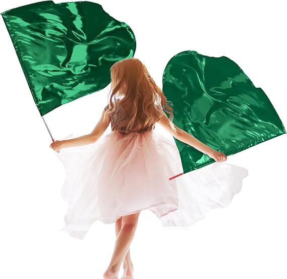 Silipull 2 Pcs Kid Worship Praise Flag for Dance Church, Dark Green | 32"x28" Children Semicircle Angel Wing with Scalable Rod, Outdoor Stage Performance Religious Activities