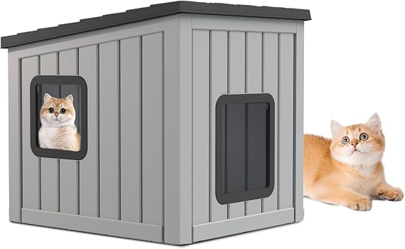 Sloping Roof Outdoor Cat House - Resin Catio Outdoor Cat Enclosure, Weatherproof & Cozy House for Garden, Patio, or Backyard