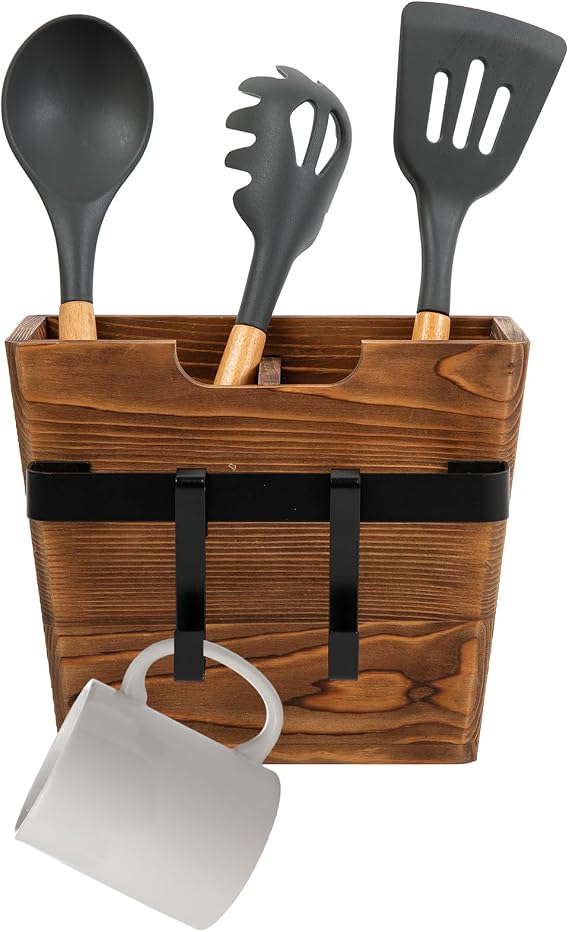 Vintage Brown Wood Wall Mounted Kitchen Tool Holder Cooking Utensils Metal Towel Bar Side Hanging Hooks Dual Compartments Freestanding Rustic Wooden Rack Dishcloth Spatula Serving Spoon Knife