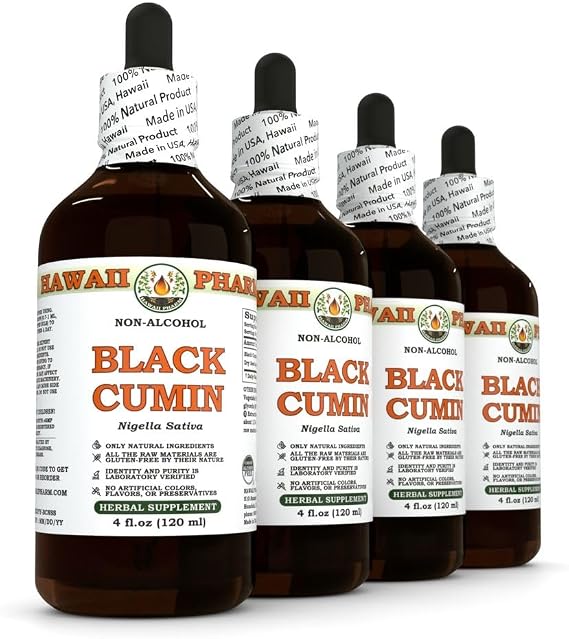 Hawaii Pharm Black Cumin Alcohol-Free Liquid Extract, Black Cumin (Nigella Sativa) Seed Glycerite Natural Herbal Supplement 4x4 oz