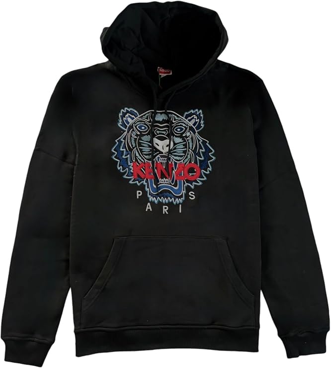 Kenzo Tiger Embroidered Black Pullover Hoodie (US, Alpha, X-Small, Regular, Regular, Black)