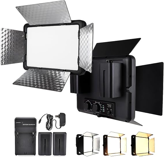 LED Video Light with Barn Door, 4400mAh Rechargeable Battery2, 3200-6500K CRI 96+ Adjustable Panel Light for Outdoor Photography/Live Broadcast Shooting/Indoor Recording Fill Light/Video Conferencing