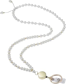 Ornaland Teacher Lanyard Pearl Beaded Lanyards for id Badges Retractable for Nurse Student Office Leisure or As a GiftWhite