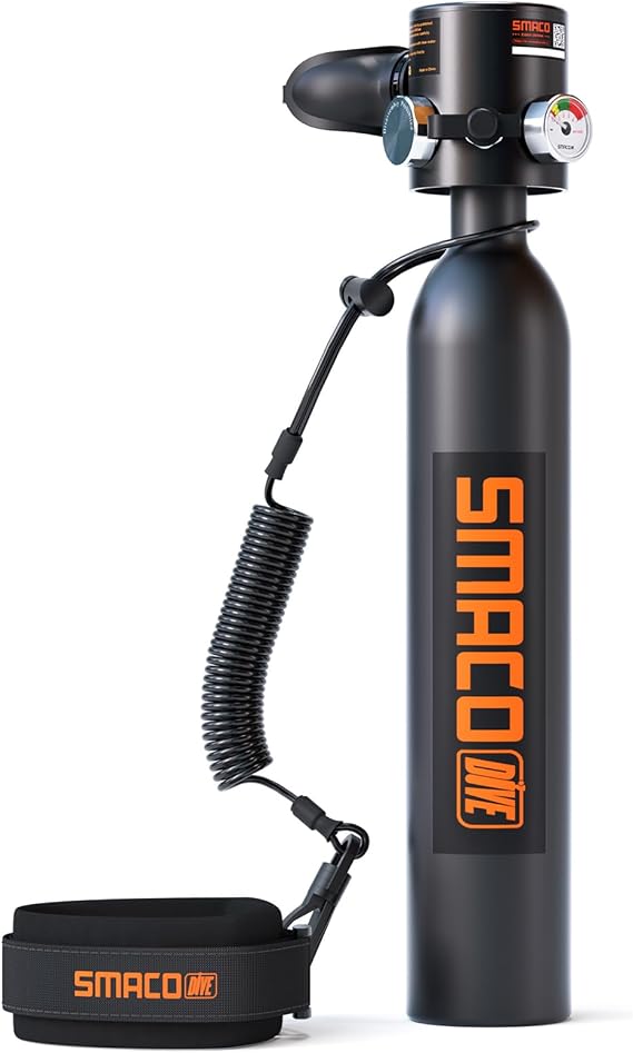 SMACO Mini Scuba Tank 0.5L - Portable Diving Tank with Up to 10 Minutes Air Supply, Compact Emergency Pony Bottle for Free Diving, Snorkeling & Scuba Backup (33ft/100ft) - Lightweight Oxygen Tank