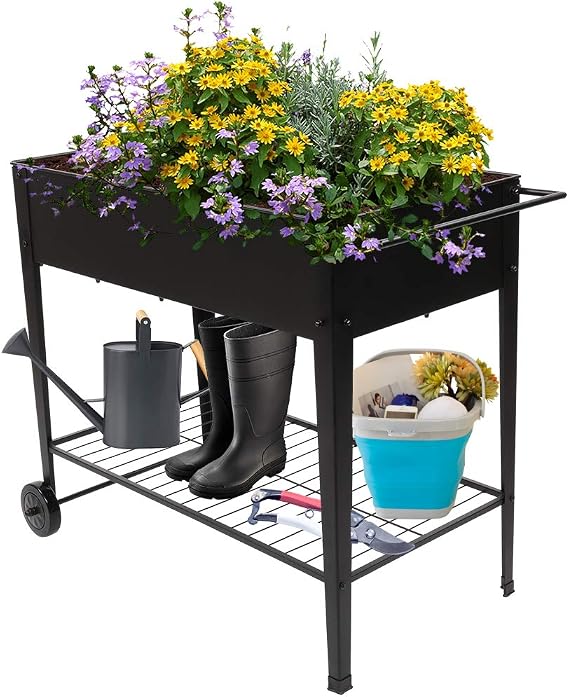 Freestanding Planter with Wheels for Indoor and Outdoor Use for Home Growing Plants Fruit Vegetables Terrace Garden Black