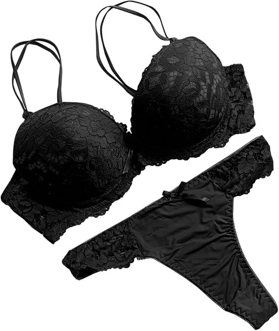 Women's Sexy Lace Lingerie Underwire Push Up Lifting Double Shoulder Strap Bra and Thongs Panty Two Piece Set
