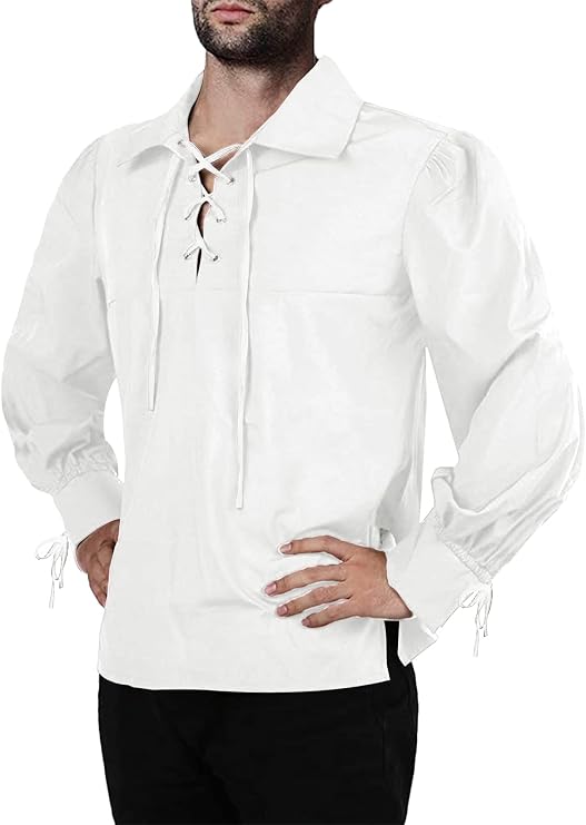 Mens Medieval Pirate Shirt Viking Renaissance Lace up Mercenary Halloween Scottish Jacobite Ghillie Tops